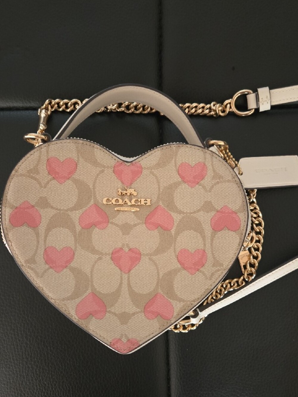 Coach Heart Motif Crossbody in Beige and Pink with Gold Chain